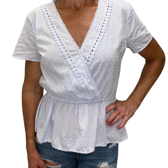 LOFT | Swiss Dot Blouse Embroidered Crochet Peplum Faux Wrap Light Blue … - Picture 1 of 9